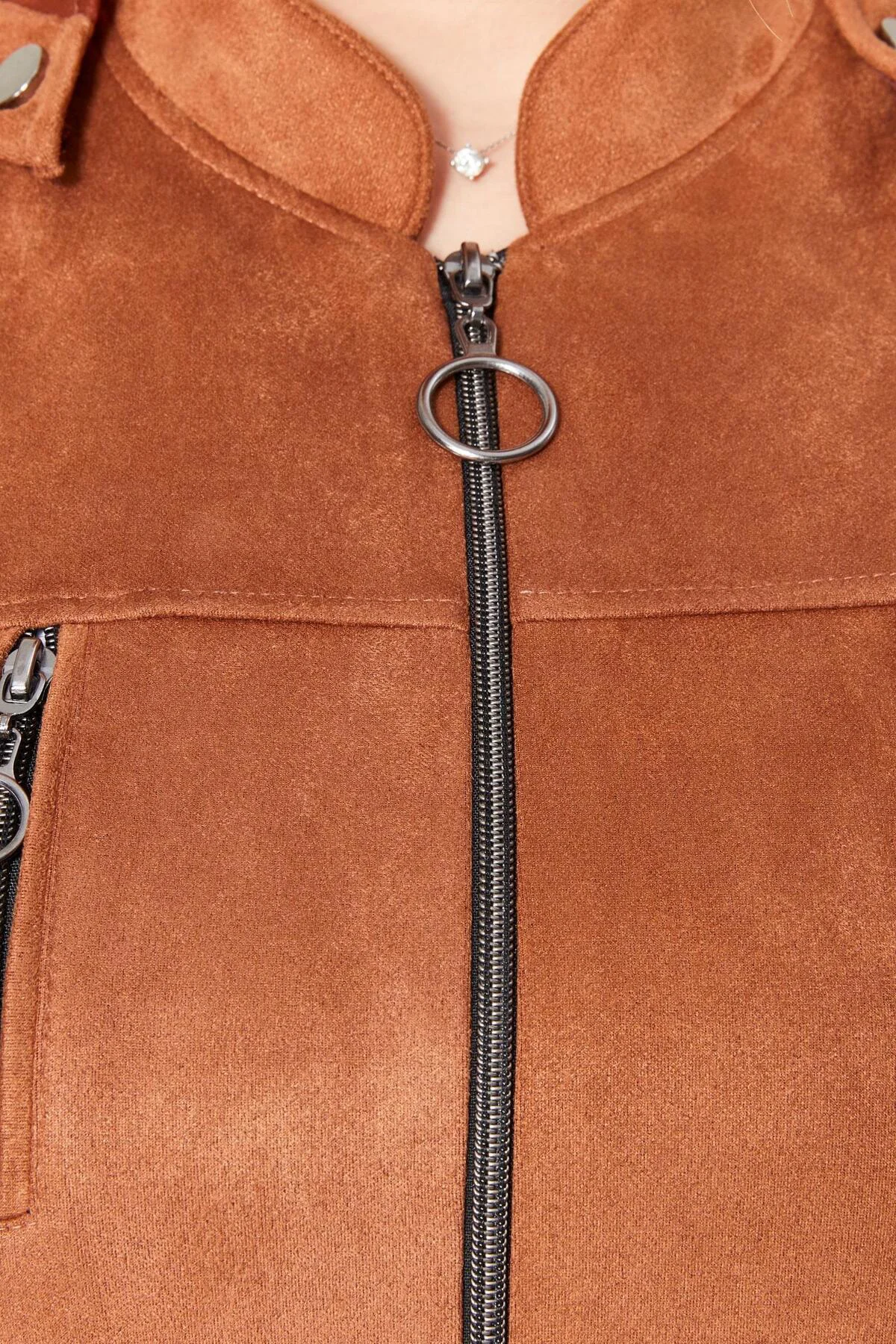 Kadın Büyük Beden Tesettür Süet Kap - Boydan Göğsü Fermuarlı Kapü