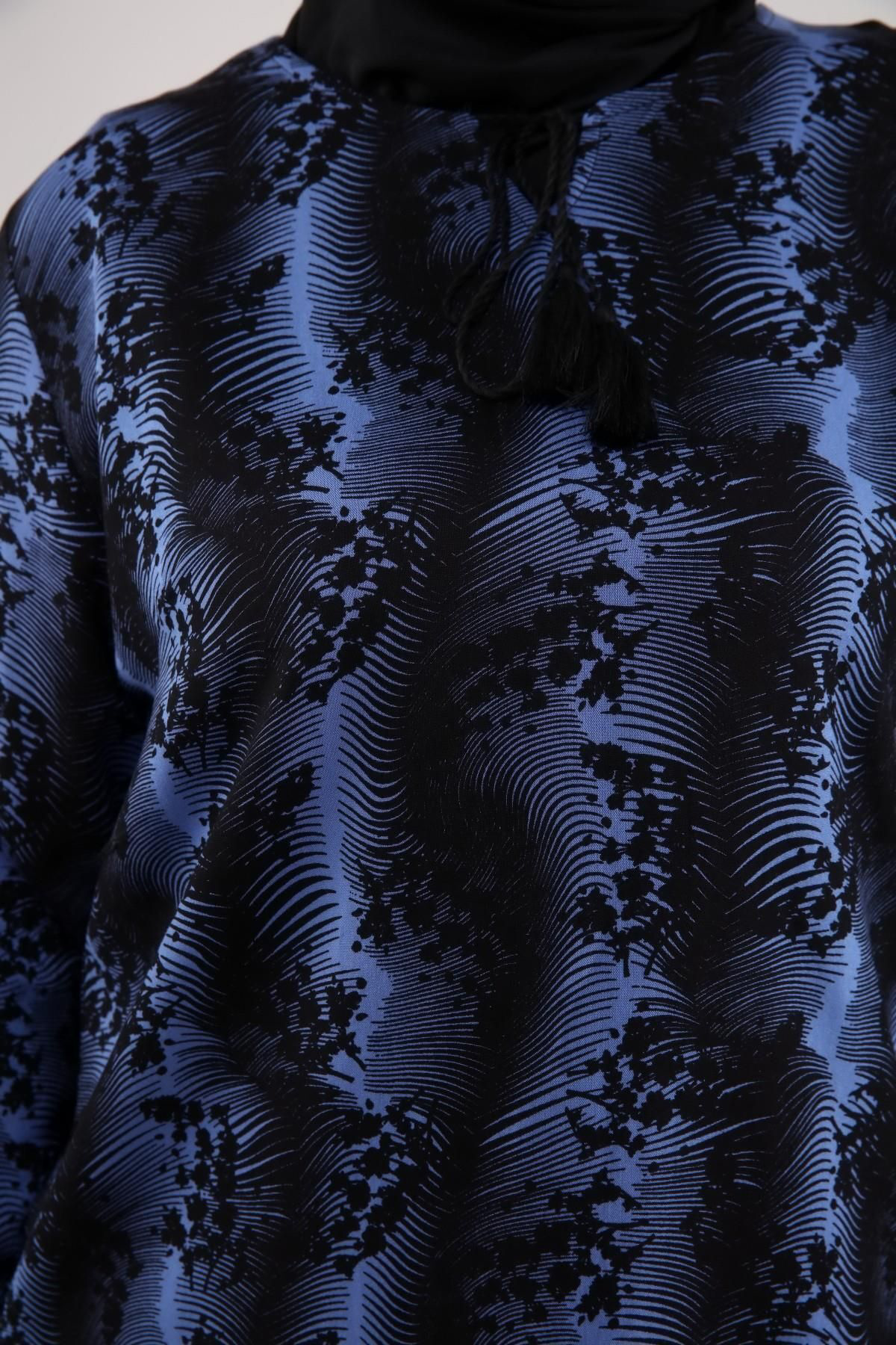 Ferace Kadın Büyük Beden Tesettür Tunik İpli Ve Yandan Yırtmaçlı Mavi