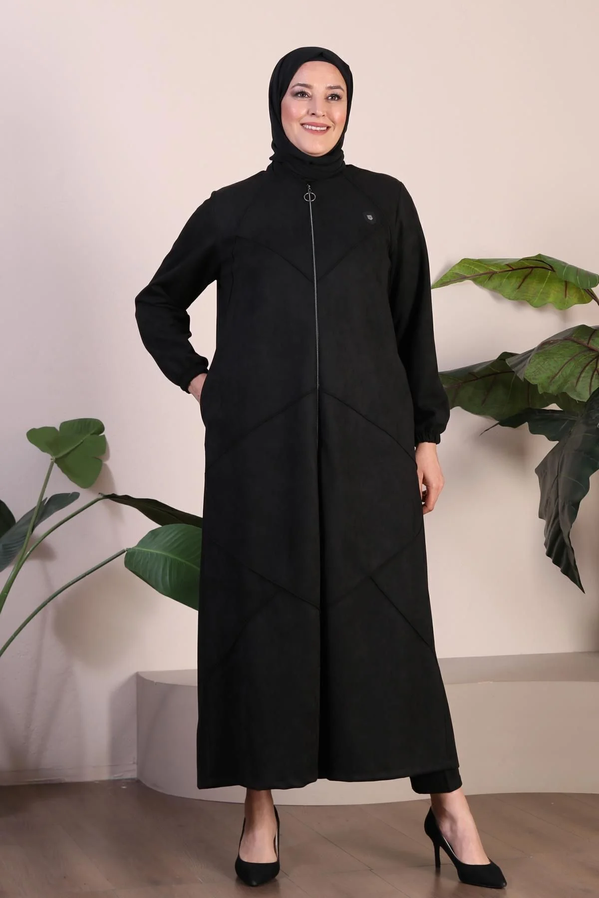 Kadin Buyuk Beden Tesettur Süet Pardesü Tam Boy Baklava Desenli U