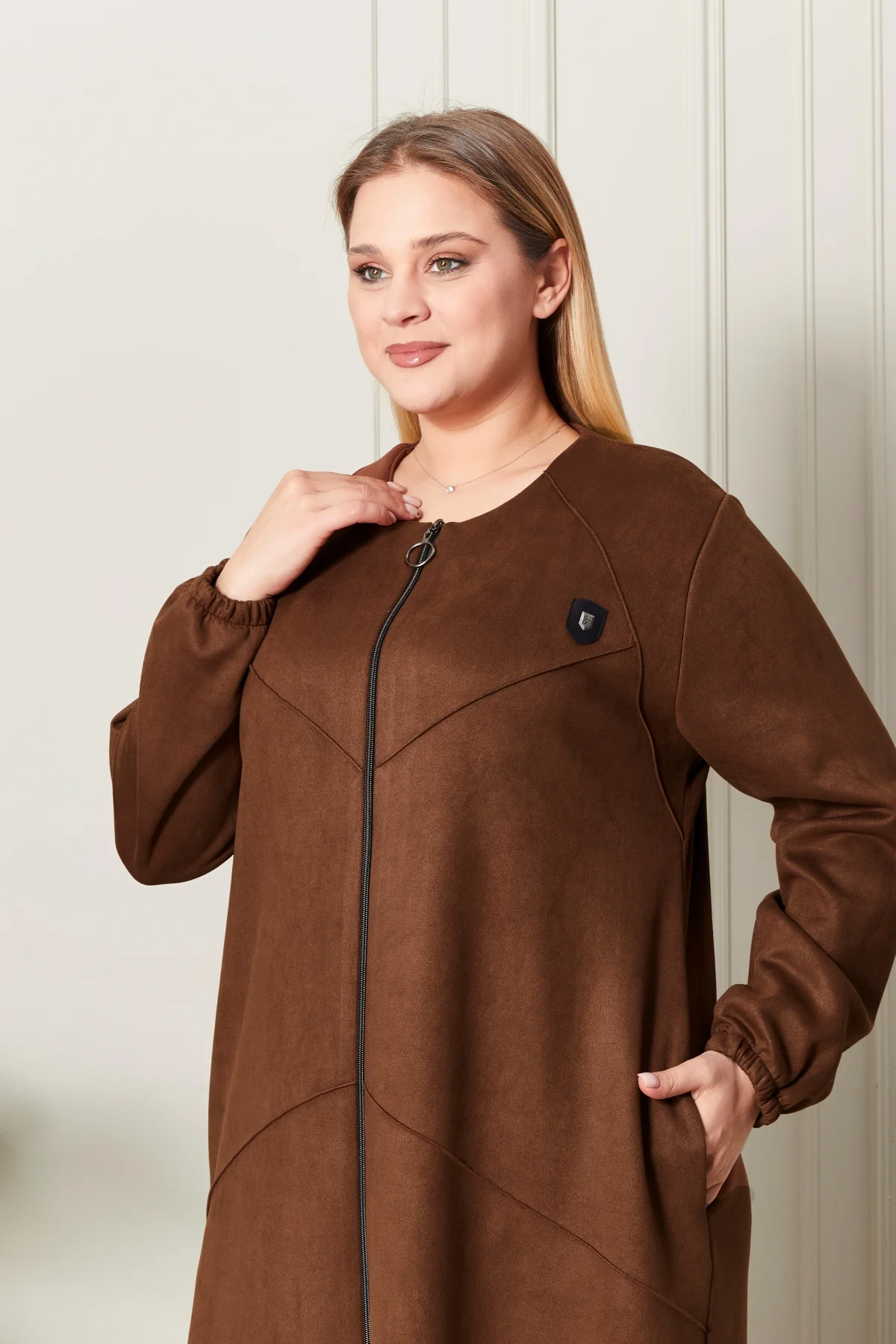 Kadin Buyuk Beden Tesettur Süet Pardesü Tam Boy Baklava Desenli U