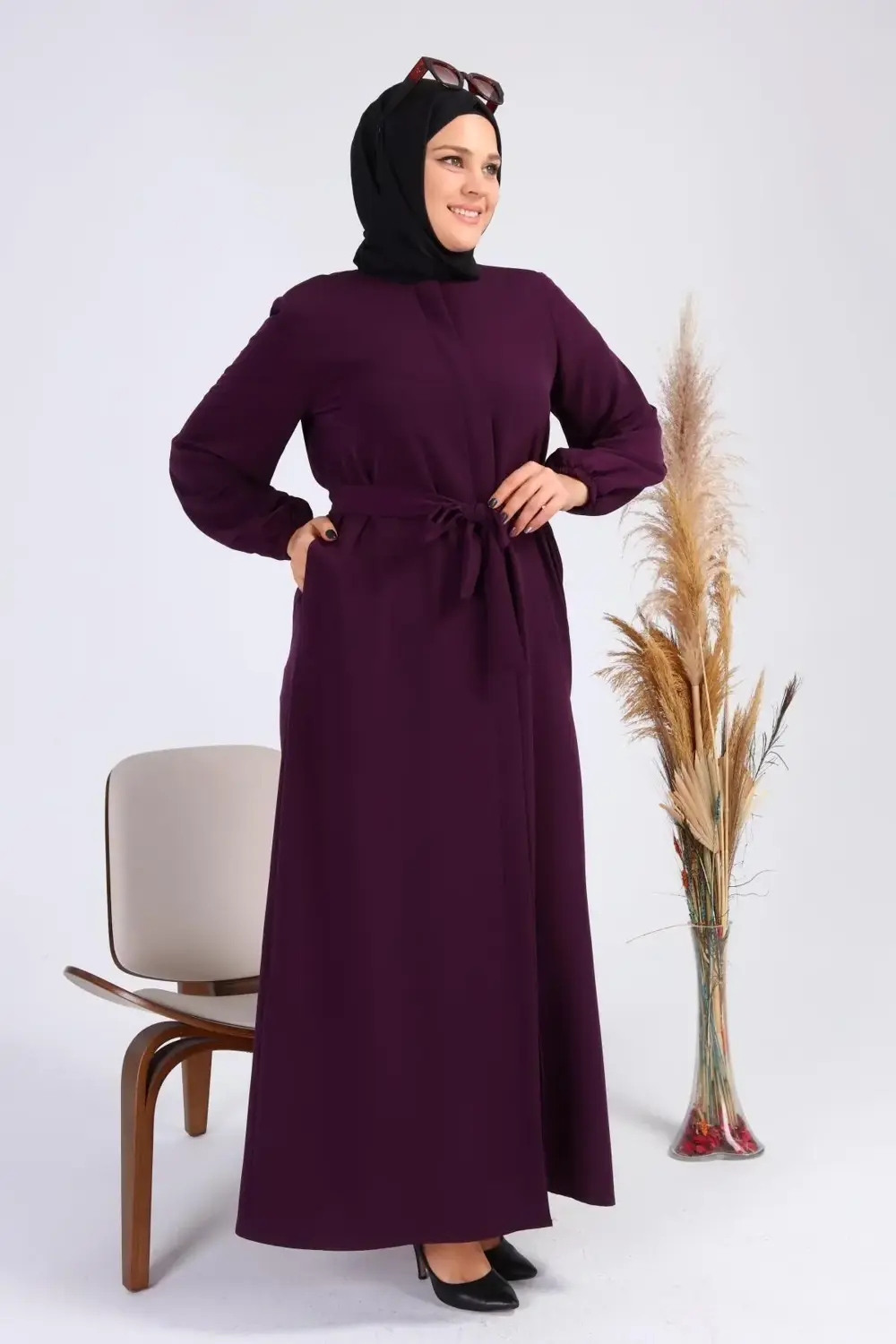 Kadin Buyuk Beden Tesettur Fermuarlı Yandan Baglamalı Kusaklı Elb