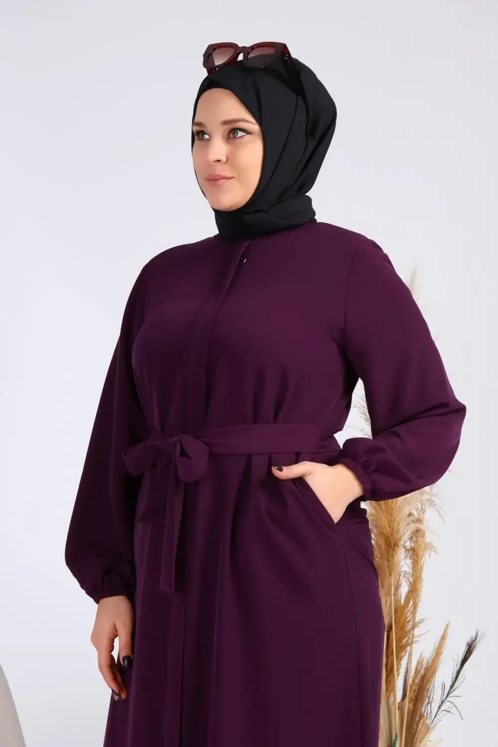 Kadin Buyuk Beden Tesettur Fermuarlı Yandan Baglamalı Kusaklı Elb