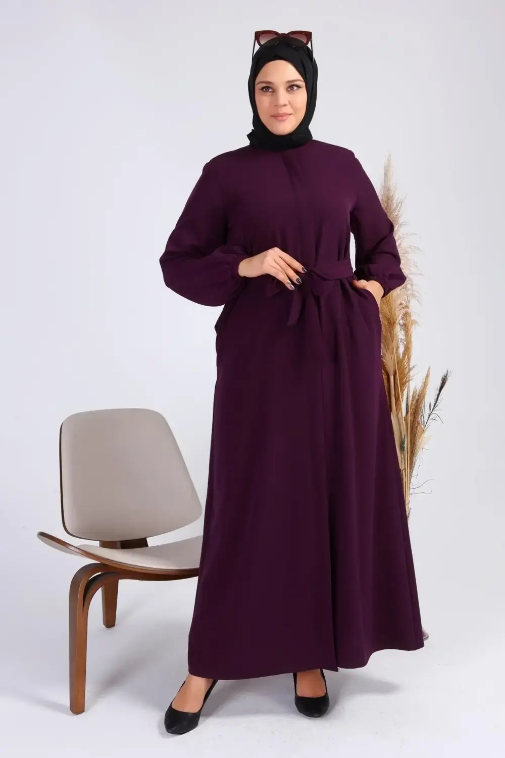 Kadin Buyuk Beden Tesettur Fermuarlı Yandan Baglamalı Kusaklı Elb