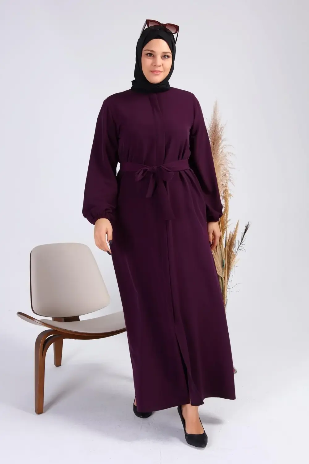 Kadin Buyuk Beden Tesettur Fermuarlı Yandan Baglamalı Kusaklı Elb