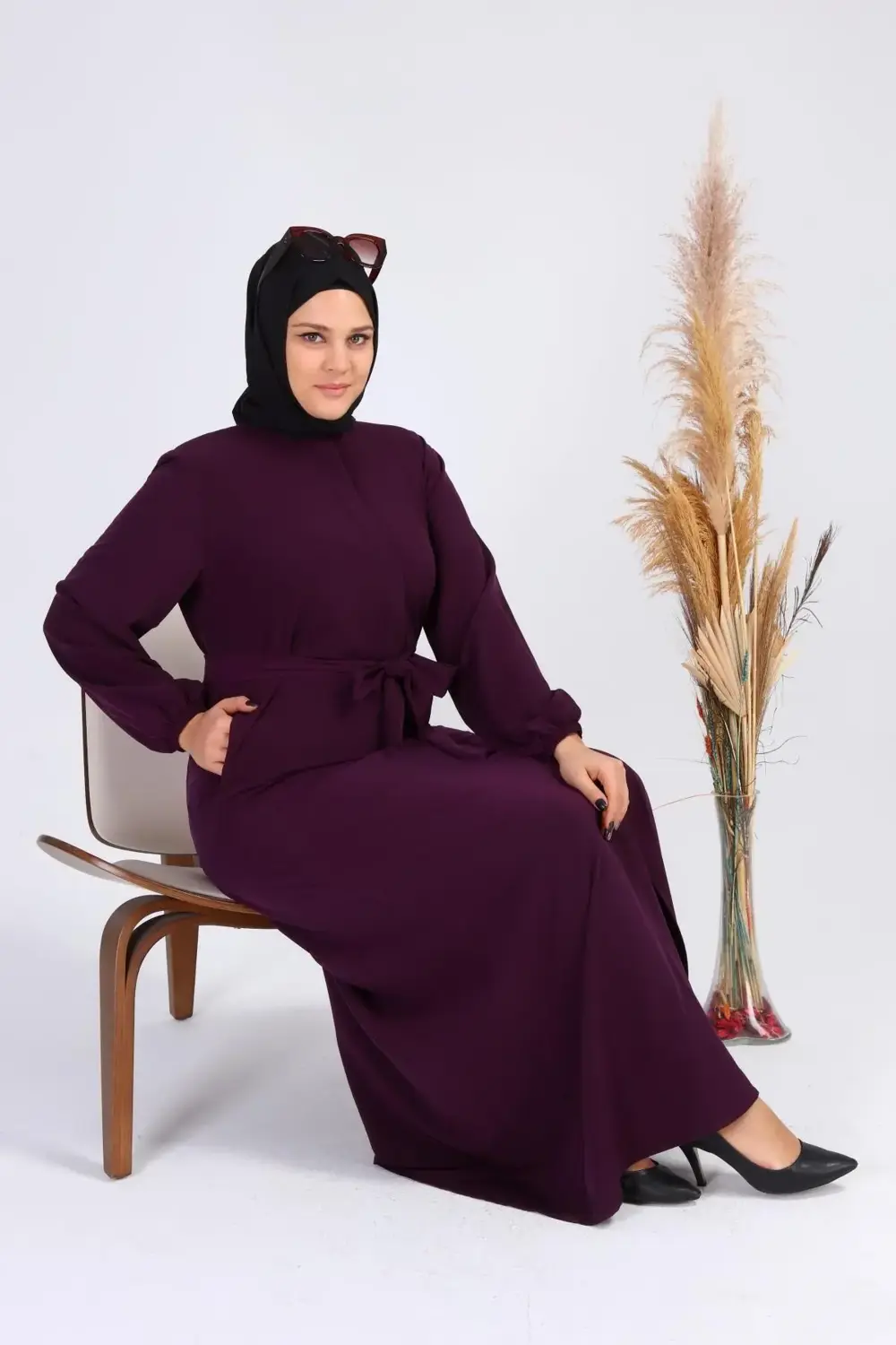 Kadin Buyuk Beden Tesettur Fermuarlı Yandan Baglamalı Kusaklı Elb