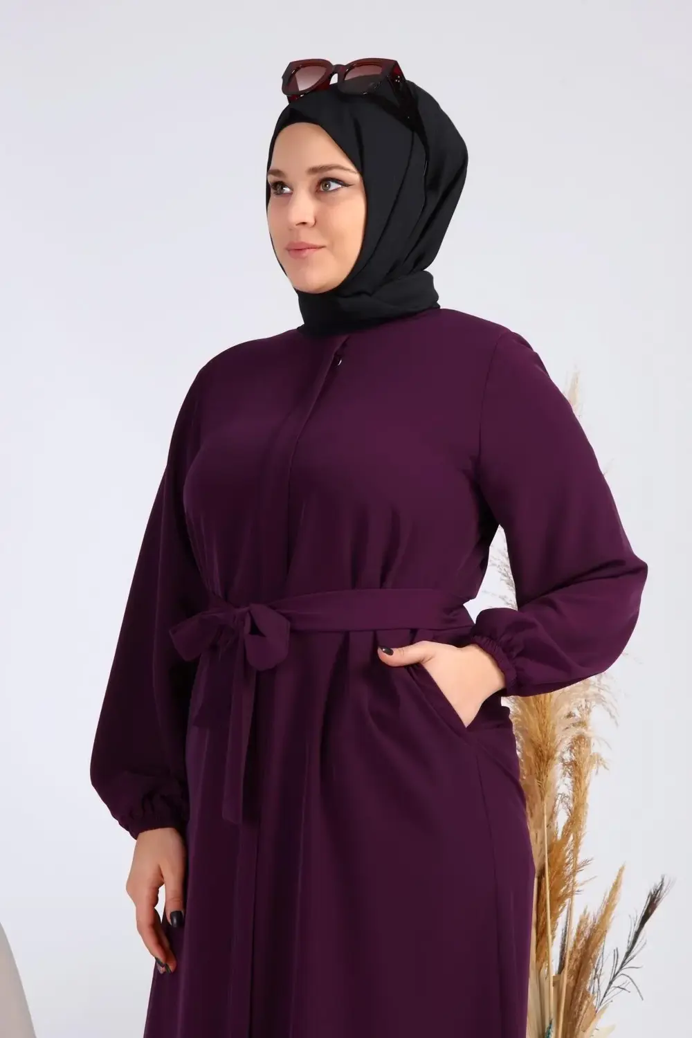 Kadin Buyuk Beden Tesettur Fermuarlı Yandan Baglamalı Kusaklı Elb