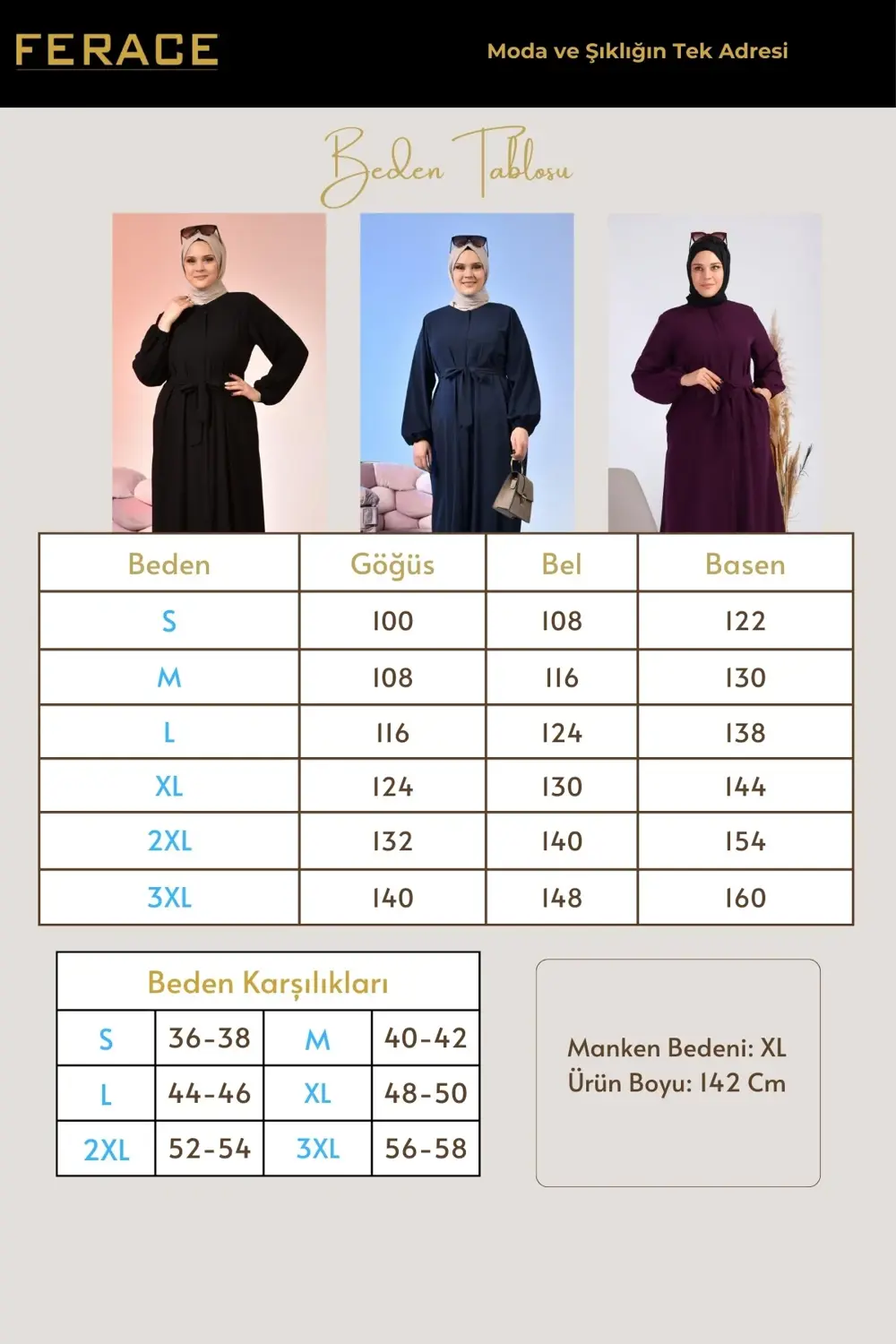 Kadin Buyuk Beden Tesettur Fermuarlı Yandan Baglamalı Kusaklı Elb