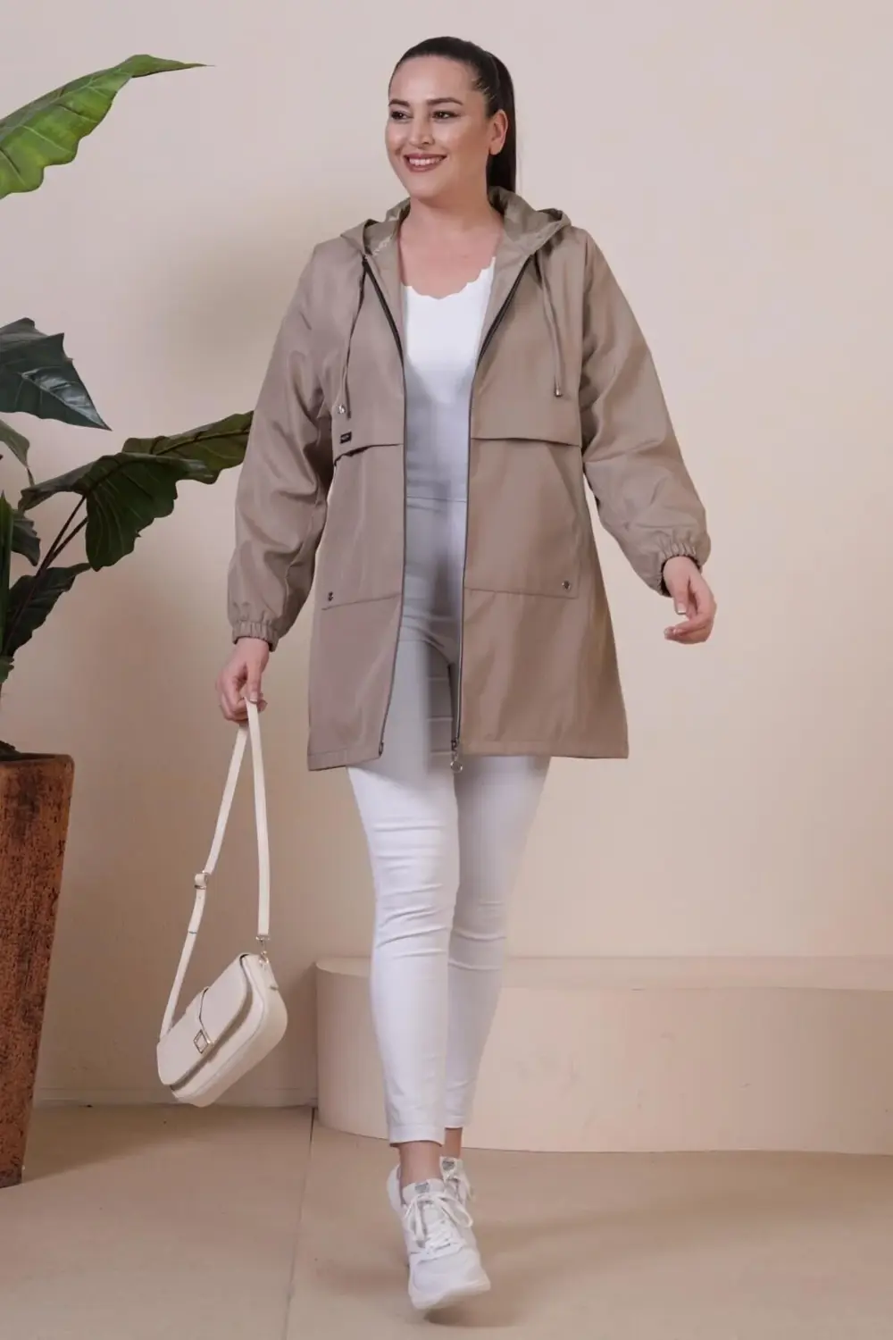 Kadin Buyuk Beden Tesettur Giyim Fermuarlı Trenckot Mevsimlik