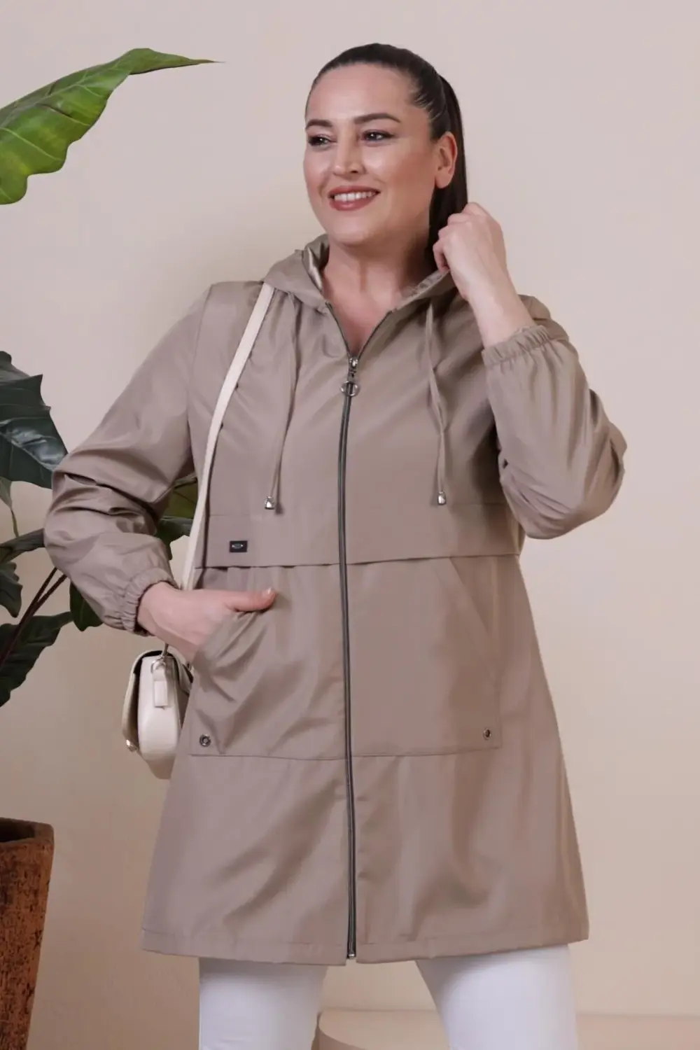 Kadin Buyuk Beden Tesettur Giyim Fermuarlı Trenckot Mevsimlik