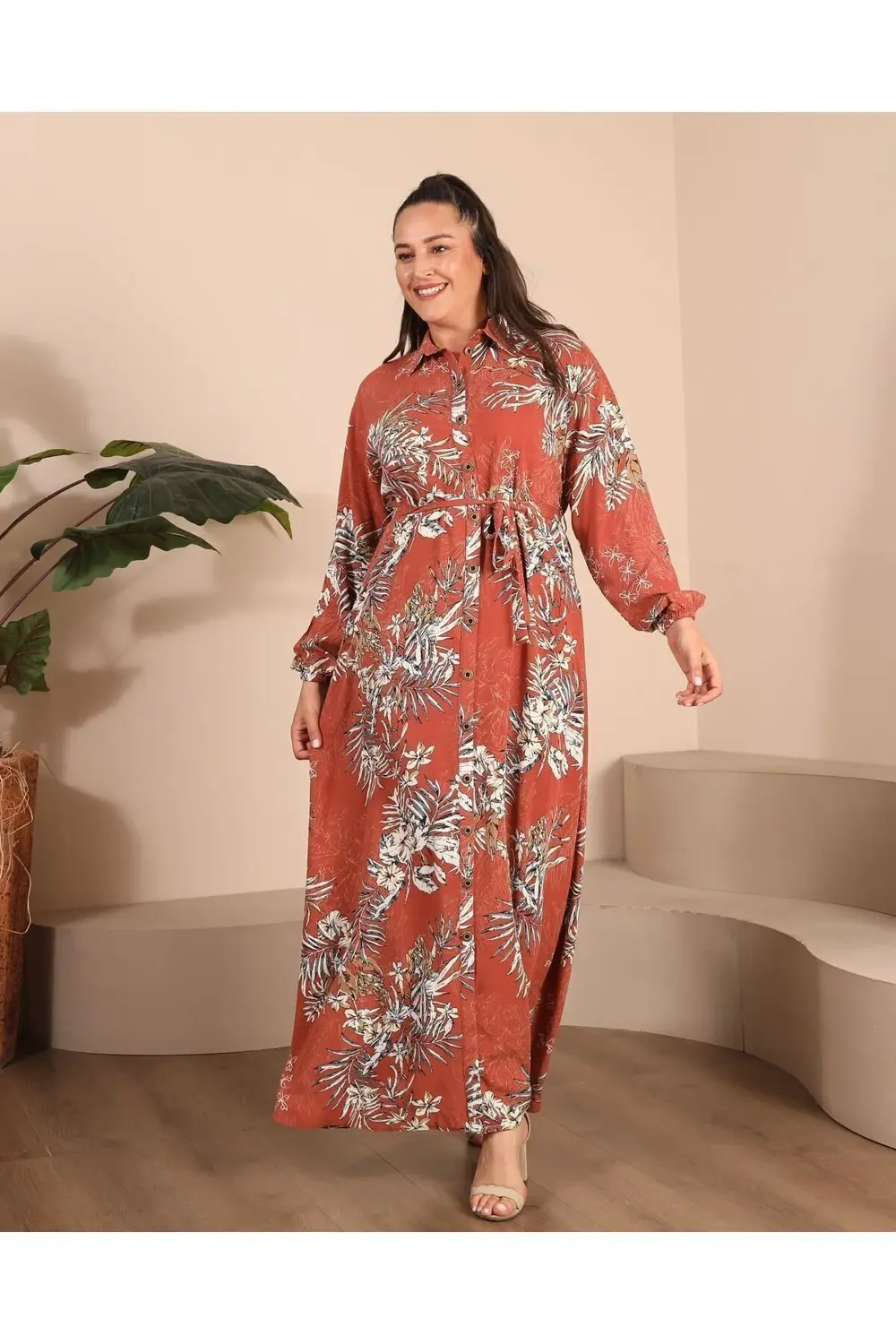 Kadin Buyuk Beden Tesettur Giyim Yazlik Uzun Elbise Kahverengi