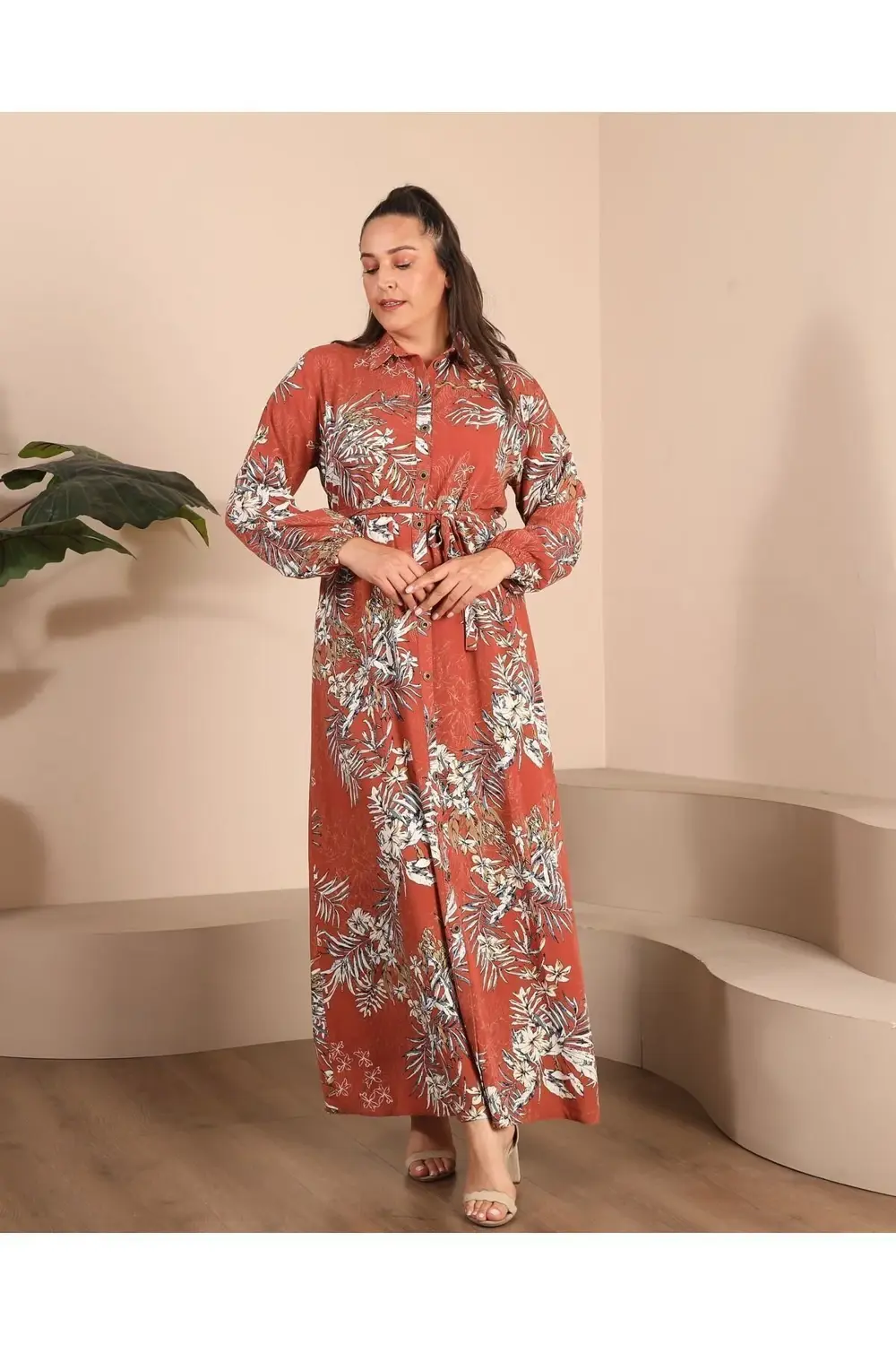 Kadin Buyuk Beden Tesettur Giyim Yazlik Uzun Elbise Kahverengi