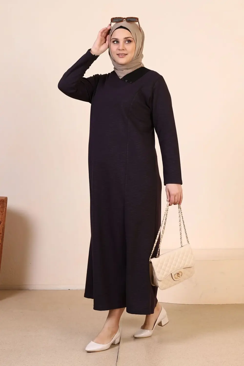 Kadin Buyuk Beden Tesettur Petek Kumaş Jakar Anne Elbisesi Mürdüm