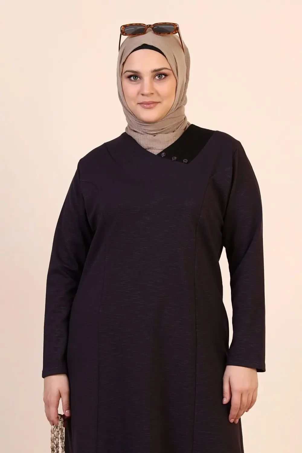 Kadin Buyuk Beden Tesettur Petek Kumaş Jakar Anne Elbisesi Mürdüm