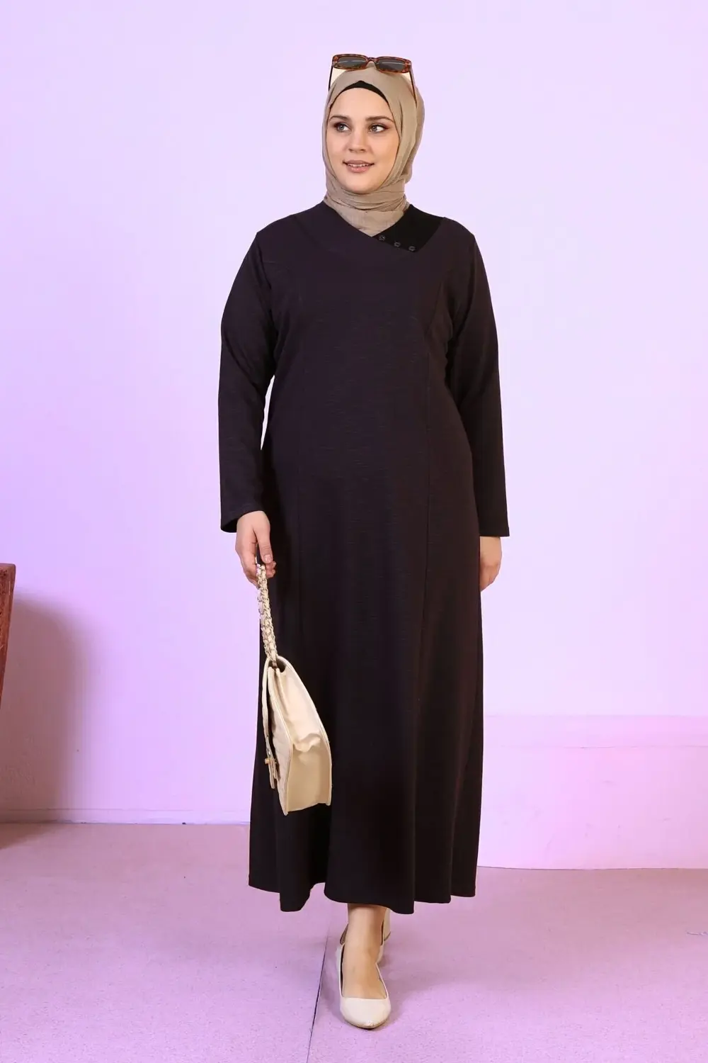 Kadin Buyuk Beden Tesettur Petek Kumaş Jakar Anne Elbisesi Mürdüm