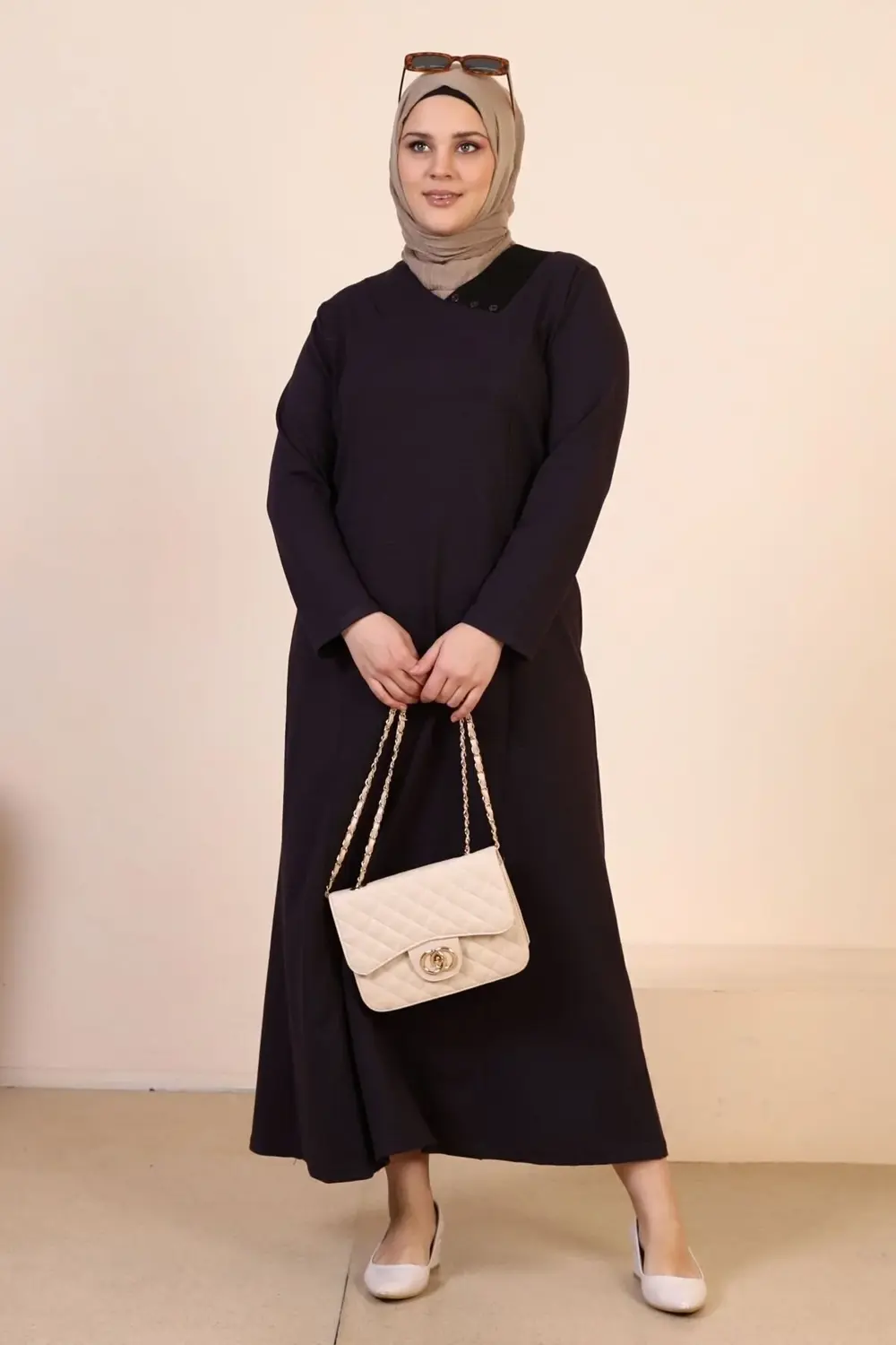 Kadin Buyuk Beden Tesettur Petek Kumaş Jakar Anne Elbisesi Mürdüm