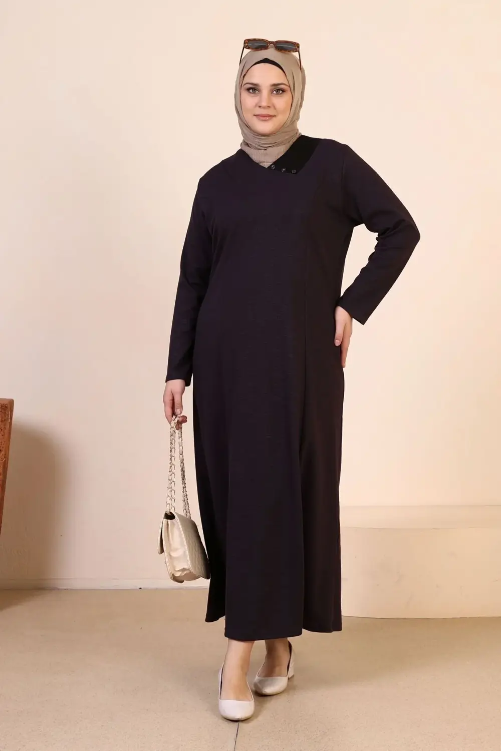 Kadin Buyuk Beden Tesettur Petek Kumaş Jakar Anne Elbisesi Mürdüm