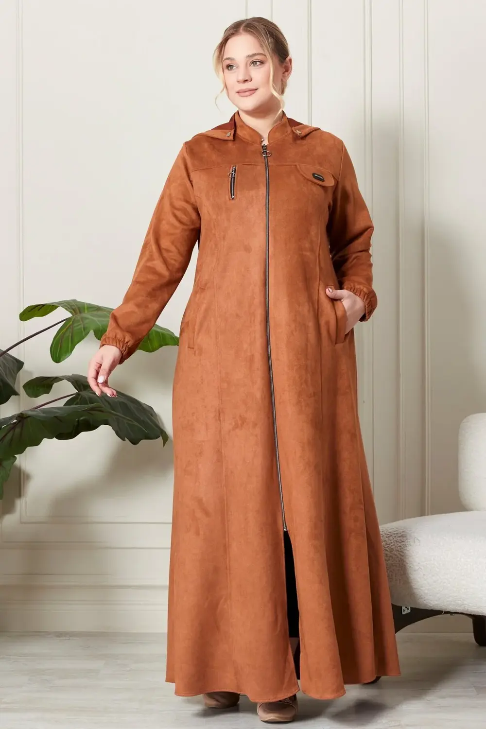 Kadın Büyük Beden Tesettür Süet Kap - Boydan Göğsü Fermuarlı Kapü