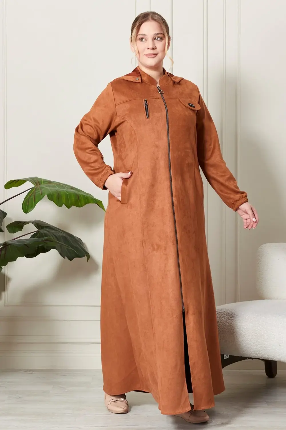 Kadın Büyük Beden Tesettür Süet Kap - Boydan Göğsü Fermuarlı Kapü