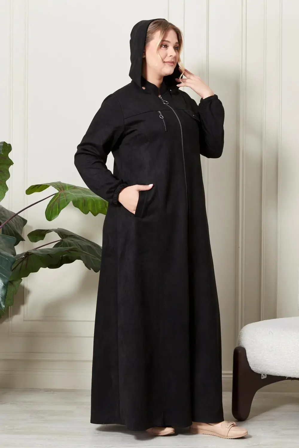 Kadın Büyük Beden Tesettür Süet Kap - Boydan Göğsü Fermuarlı Kapü