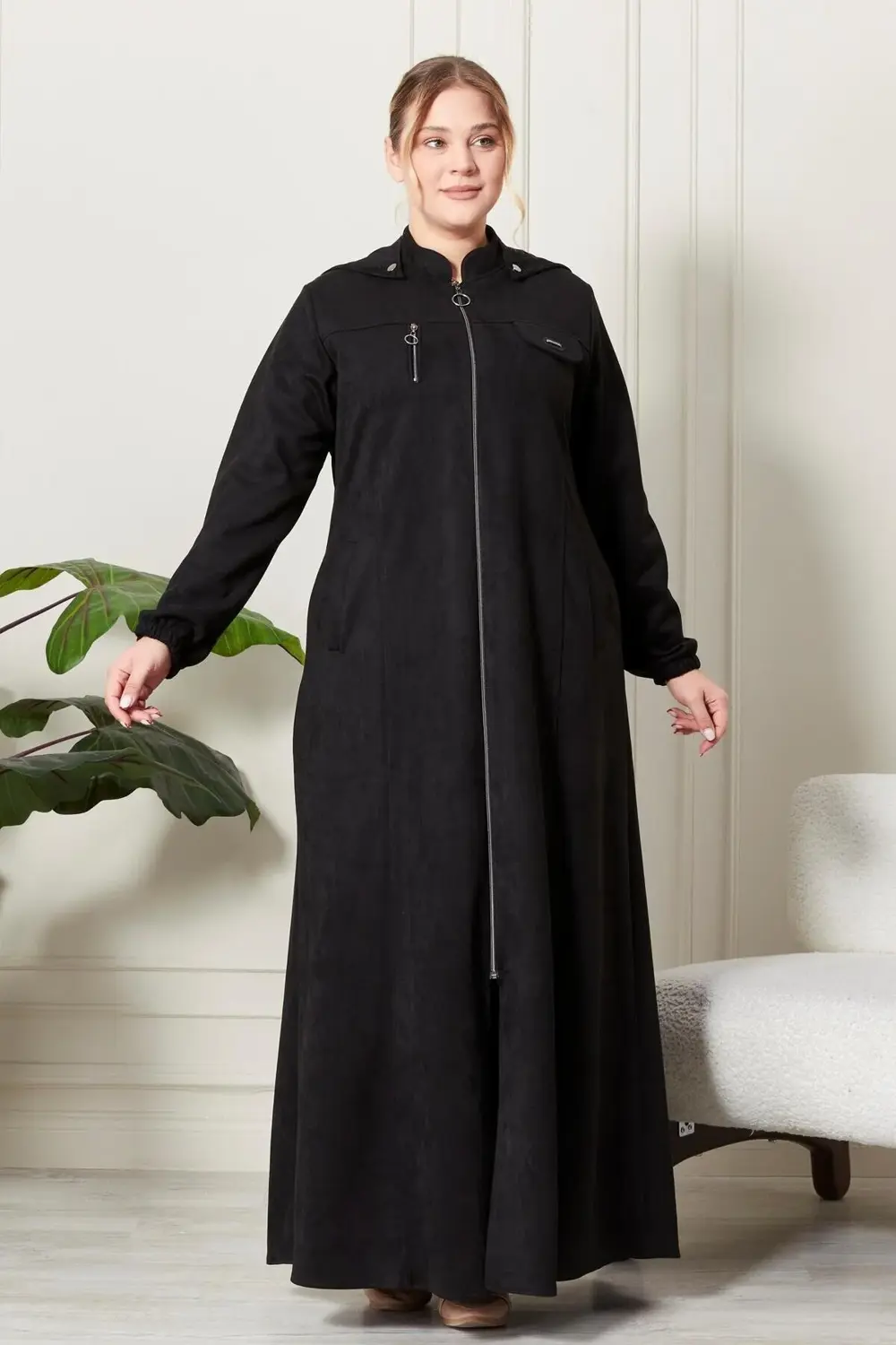 Kadın Büyük Beden Tesettür Süet Kap - Boydan Göğsü Fermuarlı Kapü