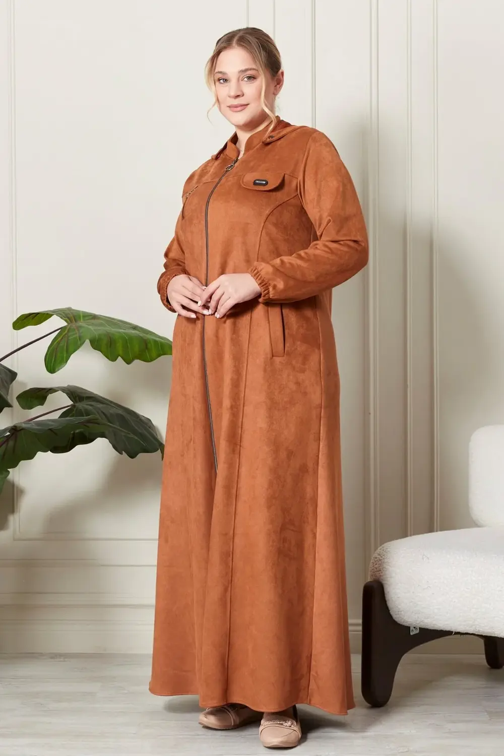 Kadın Büyük Beden Tesettür Süet Kap - Boydan Göğsü Fermuarlı Kapü