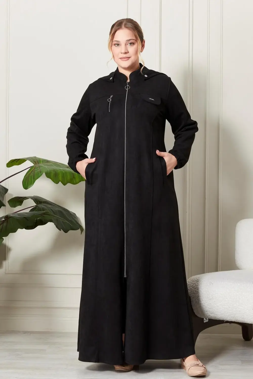 Kadın Büyük Beden Tesettür Süet Kap - Boydan Göğsü Fermuarlı Kapü