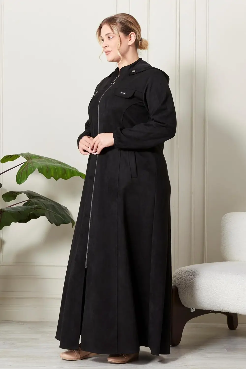 Kadın Büyük Beden Tesettür Süet Kap - Boydan Göğsü Fermuarlı Kapü