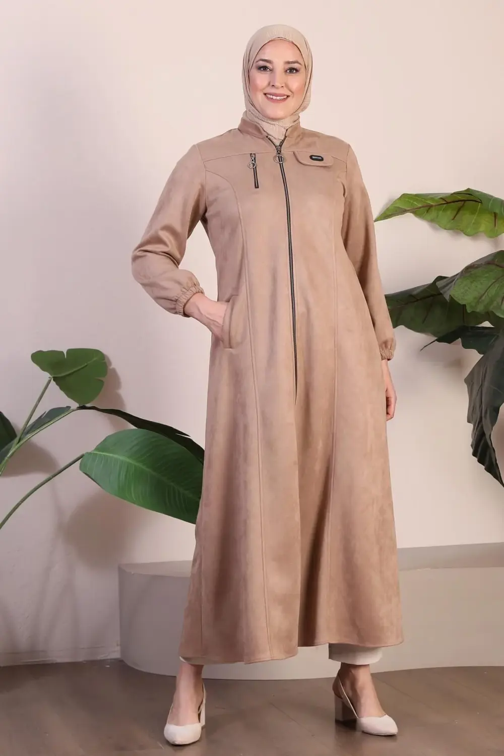 Kadin Buyuk Beden Tesettur Süet Kap Pardesü Boydan Göğsü Fermuarl