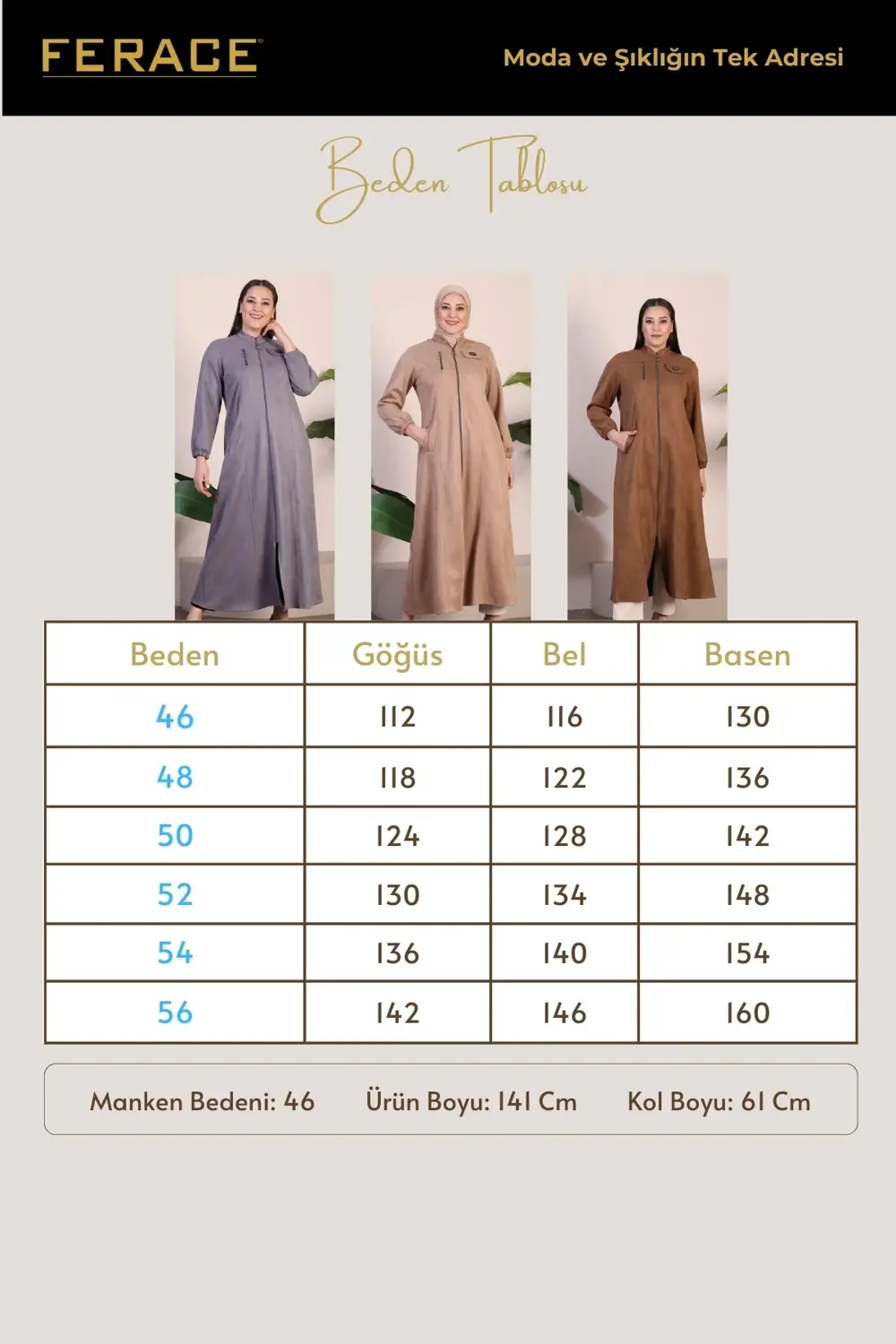 Kadin Buyuk Beden Tesettur Süet Kap Pardesü Boydan Göğsü Fermuarl