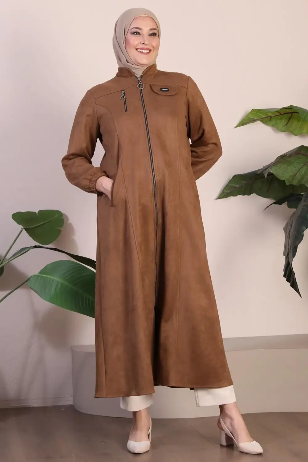 Kadin Buyuk Beden Tesettur Süet Kap Pardesü Boydan Göğsü Fermuarl