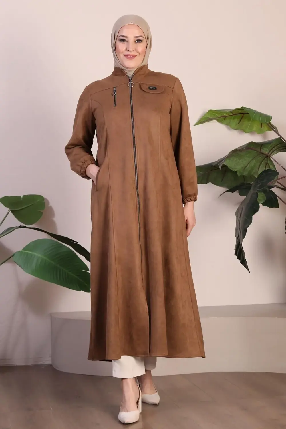 Kadin Buyuk Beden Tesettur Süet Kap Pardesü Boydan Göğsü Fermuarl