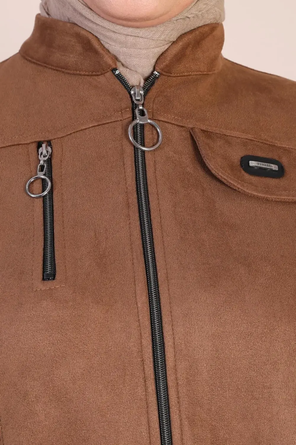 Kadin Buyuk Beden Tesettur Süet Kap Pardesü Boydan Göğsü Fermuarl