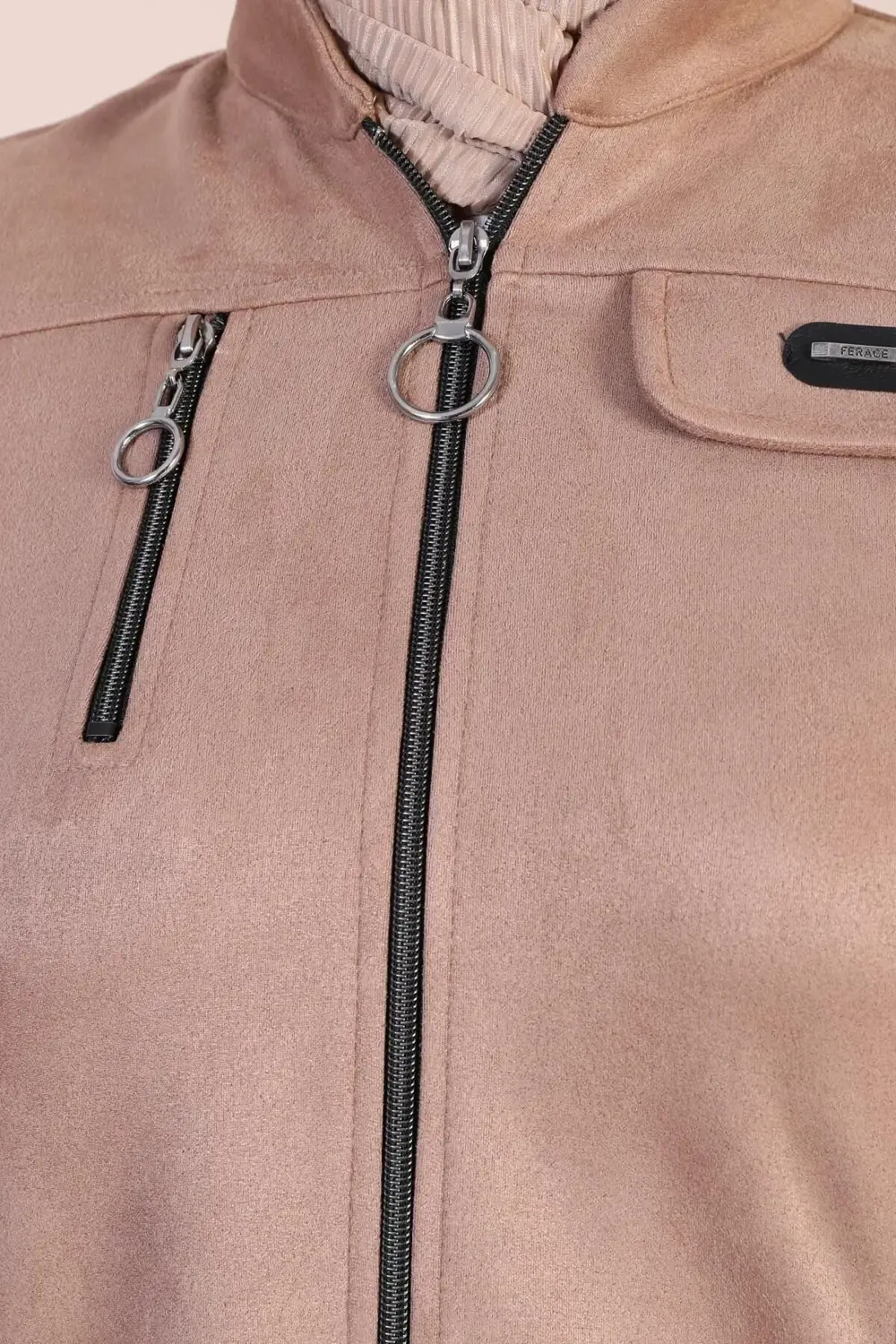 Kadin Buyuk Beden Tesettur Süet Kap Pardesü Boydan Göğsü Fermuarl