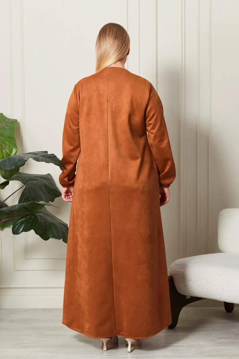 Kadin Buyuk Beden Tesettur Süet Pardesü Tam Boy Baklava Desenli U