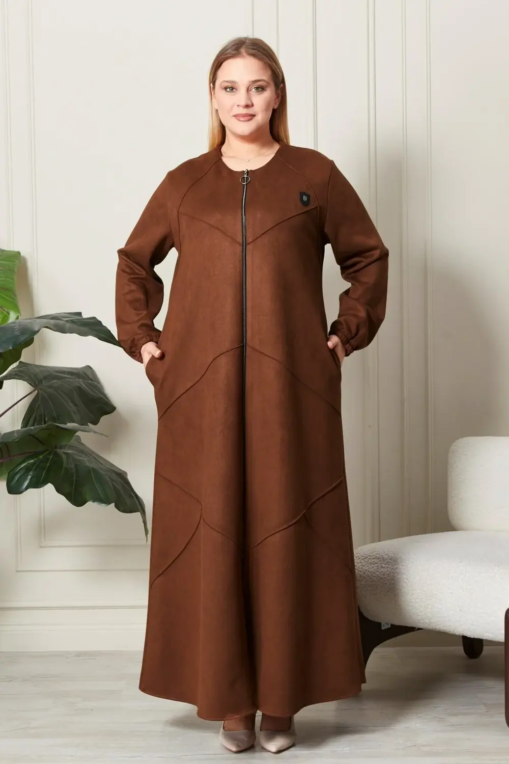 Kadin Buyuk Beden Tesettur Süet Pardesü Tam Boy Baklava Desenli U