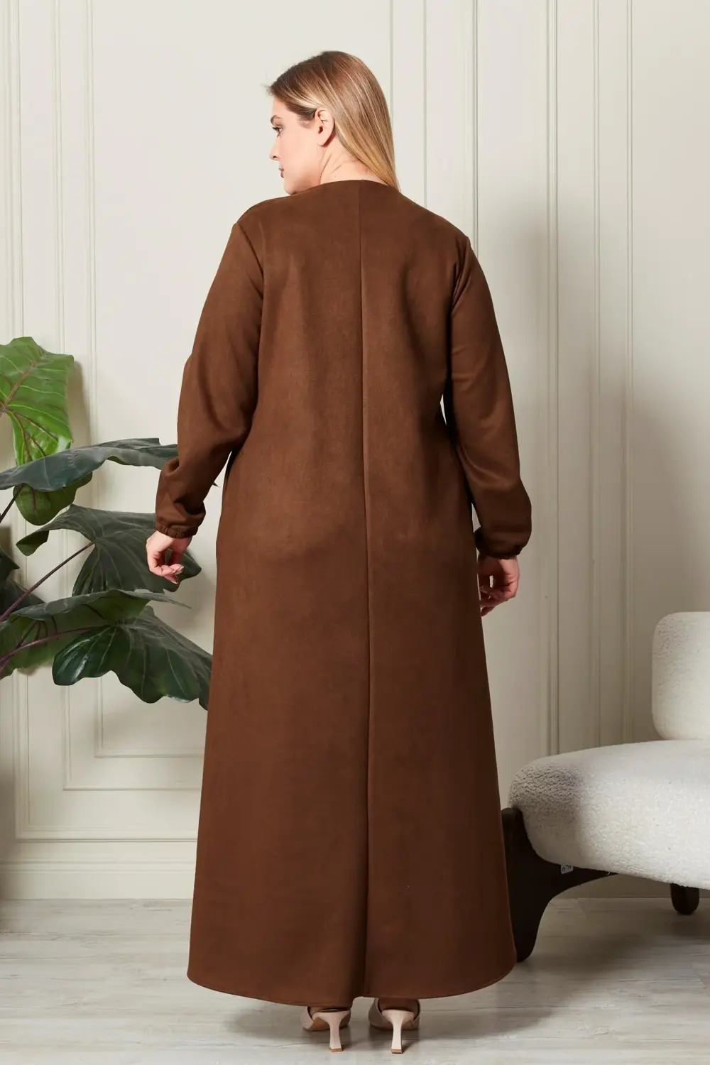 Kadin Buyuk Beden Tesettur Süet Pardesü Tam Boy Baklava Desenli U