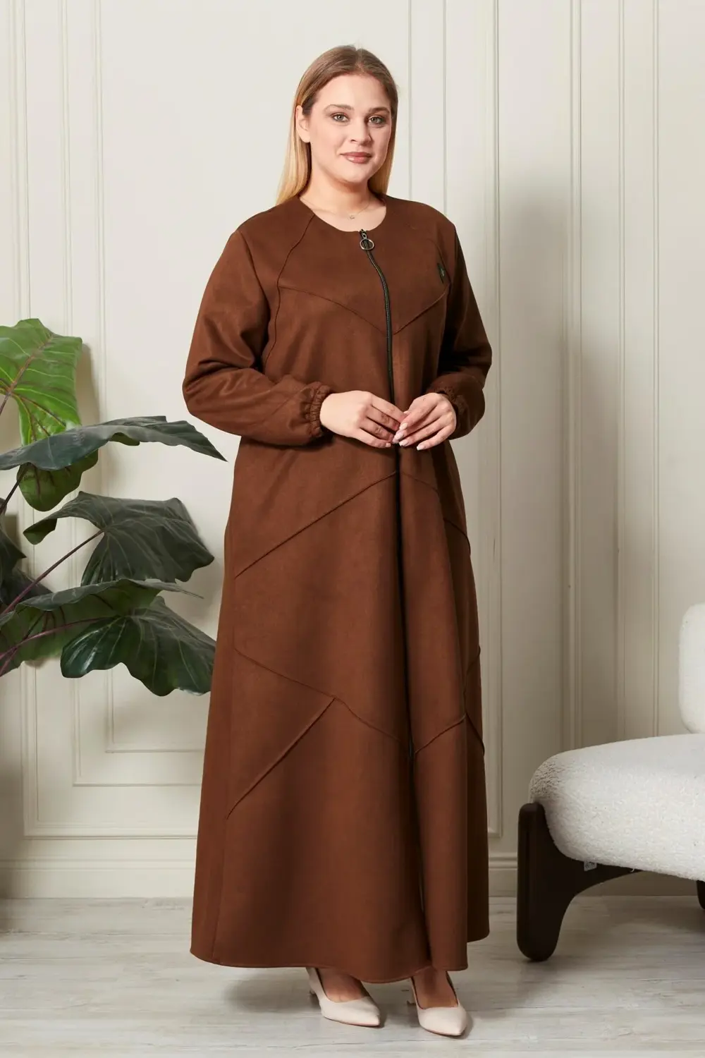 Kadin Buyuk Beden Tesettur Süet Pardesü Tam Boy Baklava Desenli U