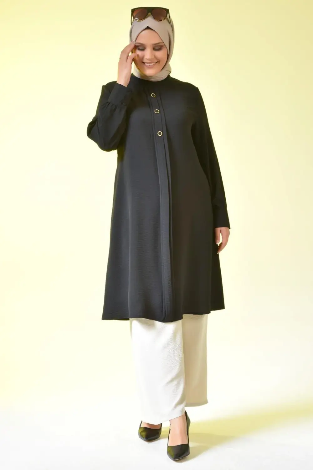 Kadin Buyuk Beden Tesettur Tunik Düğmeli Ayrobin Kumaş