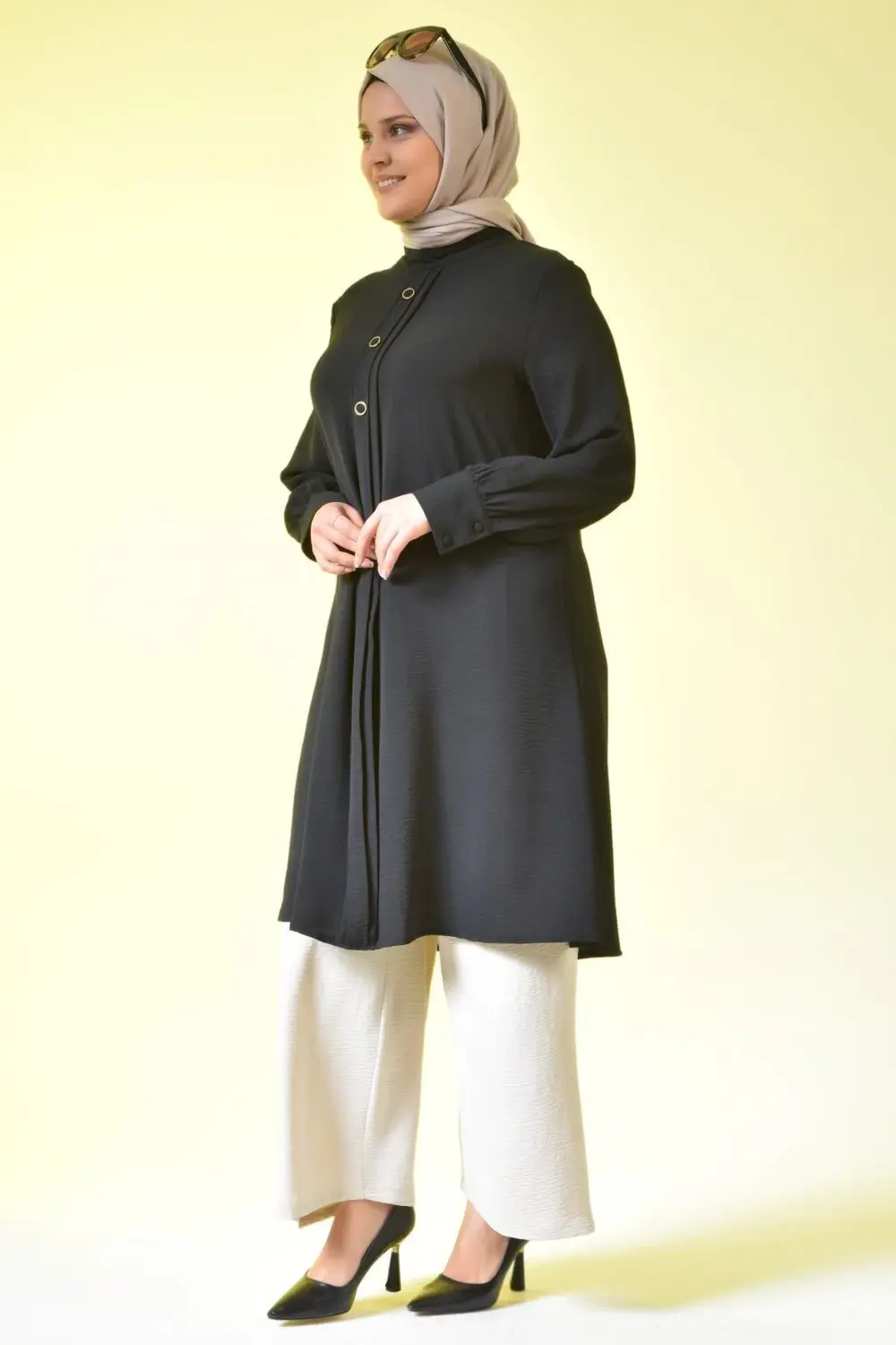 Kadin Buyuk Beden Tesettur Tunik Düğmeli Ayrobin Kumaş