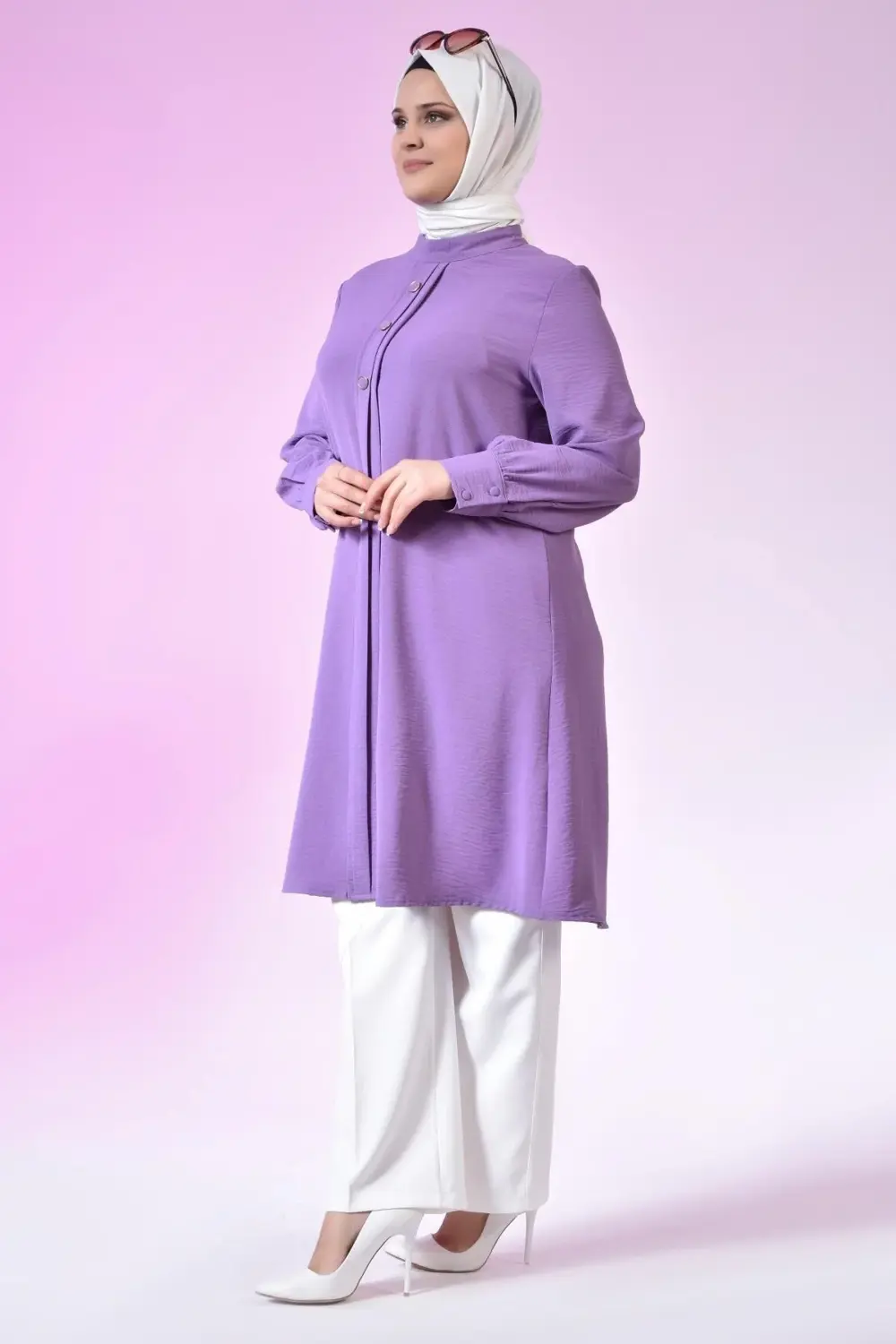 Kadin Buyuk Beden Tesettur Tunik Düğmeli Ayrobin Kumaş