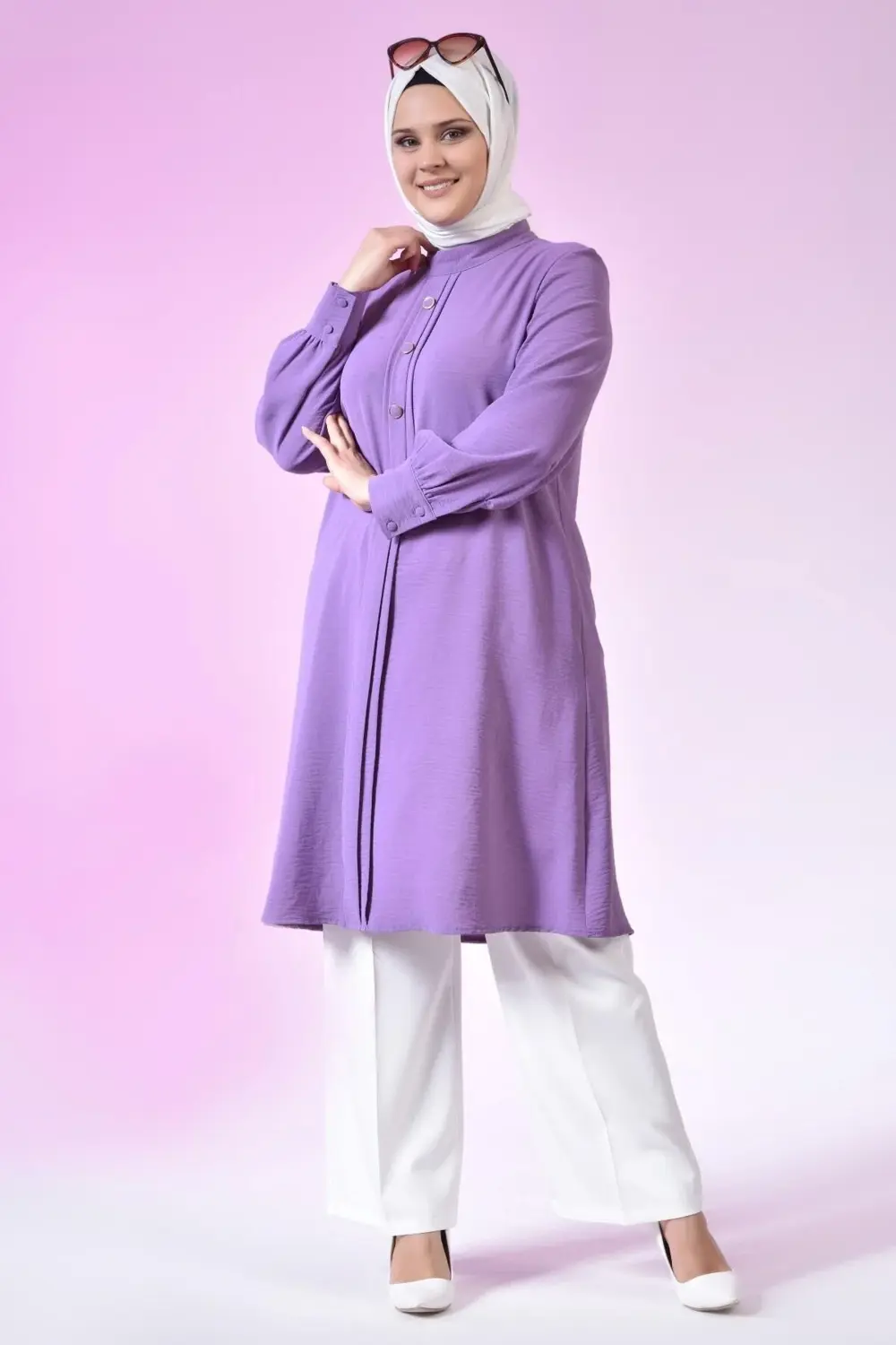 Kadin Buyuk Beden Tesettur Tunik Düğmeli Ayrobin Kumaş