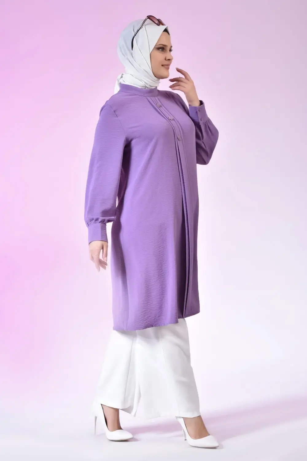 Kadin Buyuk Beden Tesettur Tunik Düğmeli Ayrobin Kumaş