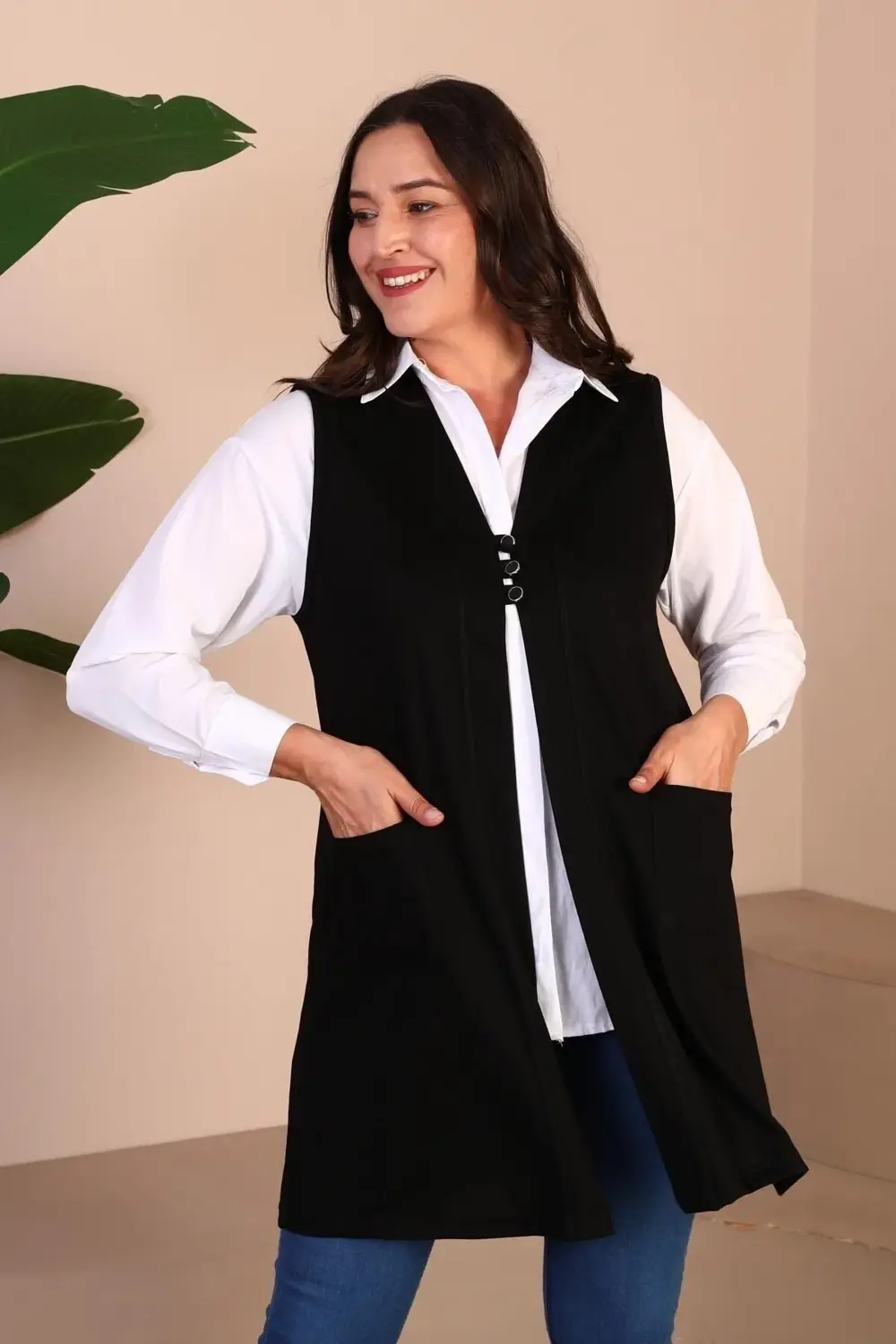Kadin Buyuk Beden Tesettur Yelek Düğmeli Ve Cepli Esnek Yelek