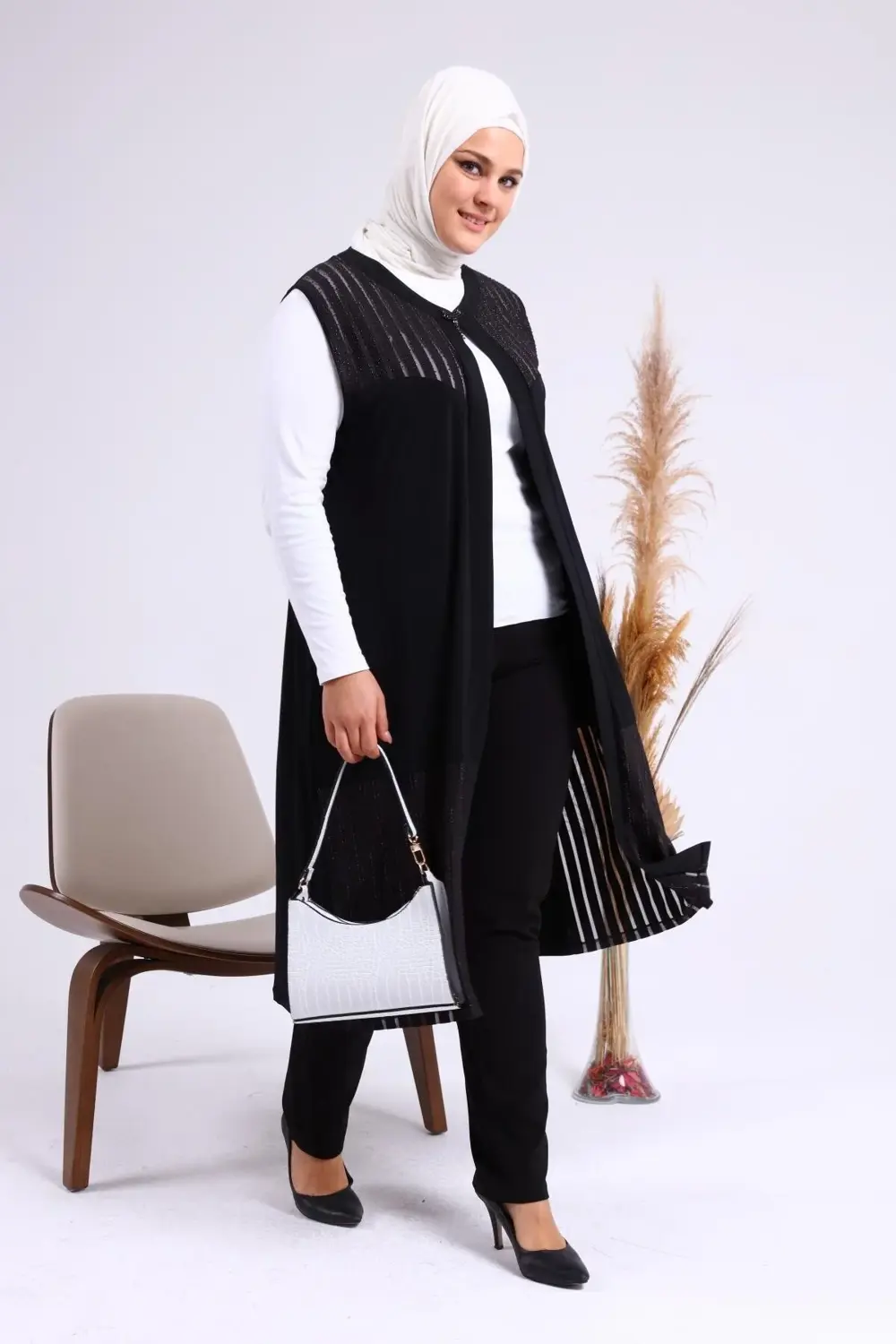 Kadin Buyuk Beden Transparan Taşlı Uzun Yelek