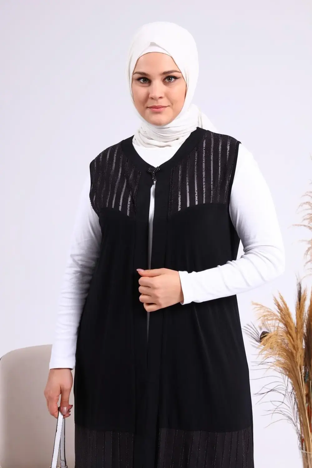 Kadin Buyuk Beden Transparan Taşlı Uzun Yelek