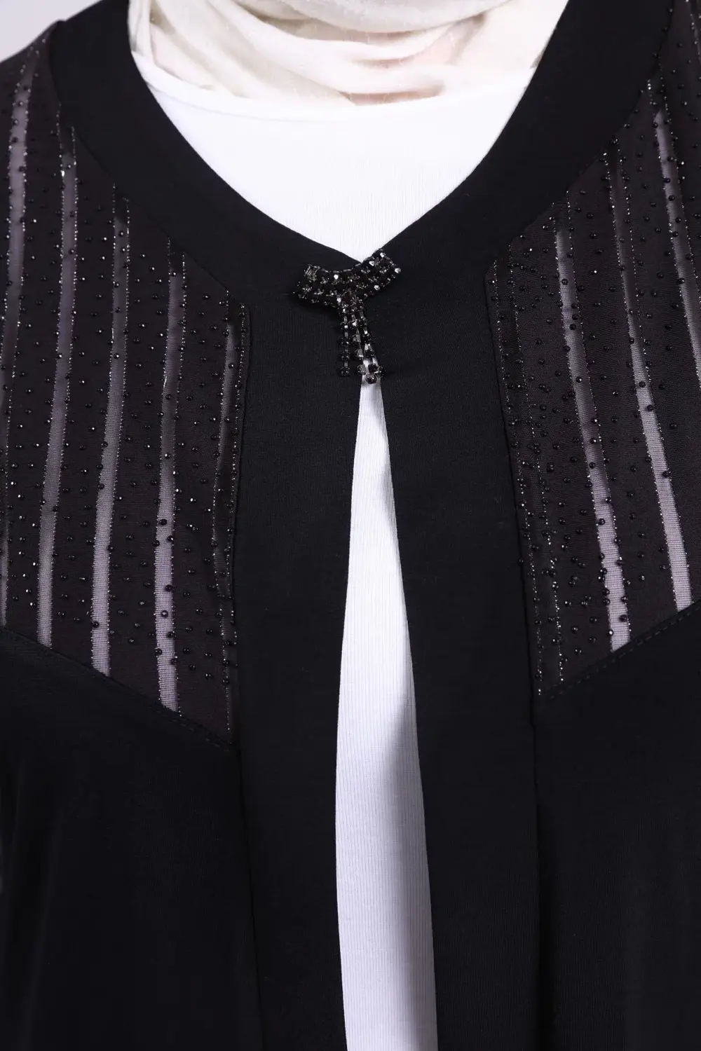 Kadin Buyuk Beden Transparan Taşlı Uzun Yelek