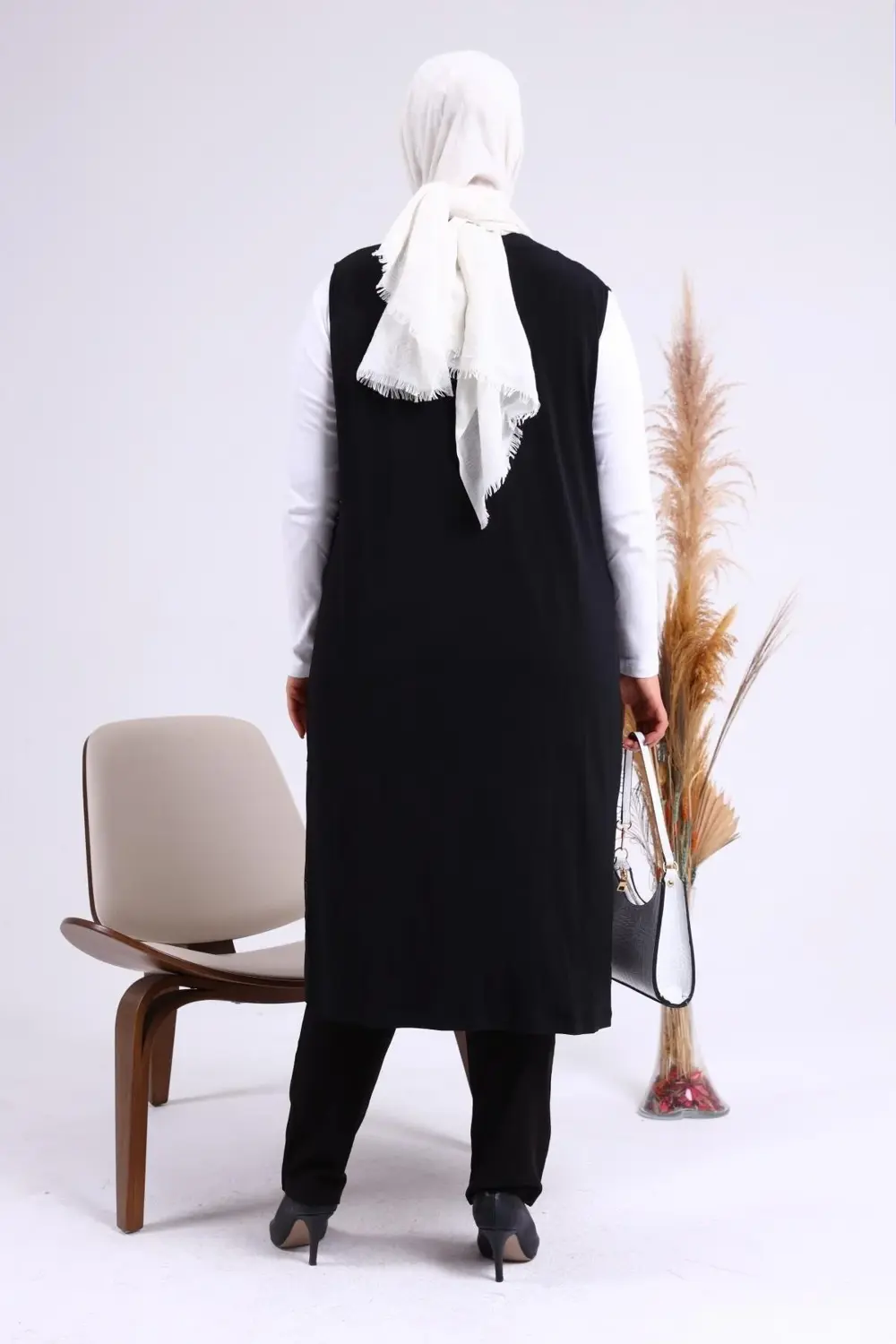 Kadin Buyuk Beden Transparan Taşlı Uzun Yelek