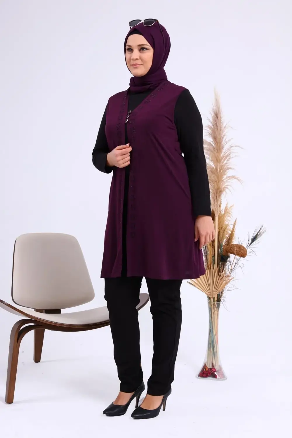 Kadin Buyuk Beden Üç Düğmeli Likralı Yelek