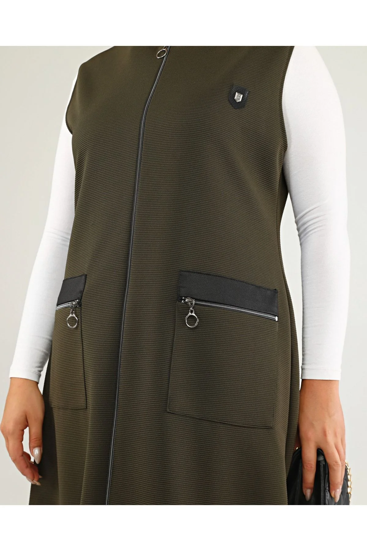 Kadin Buyuk Beden Uzun Yelek Deri Cepli Ottoman Haki