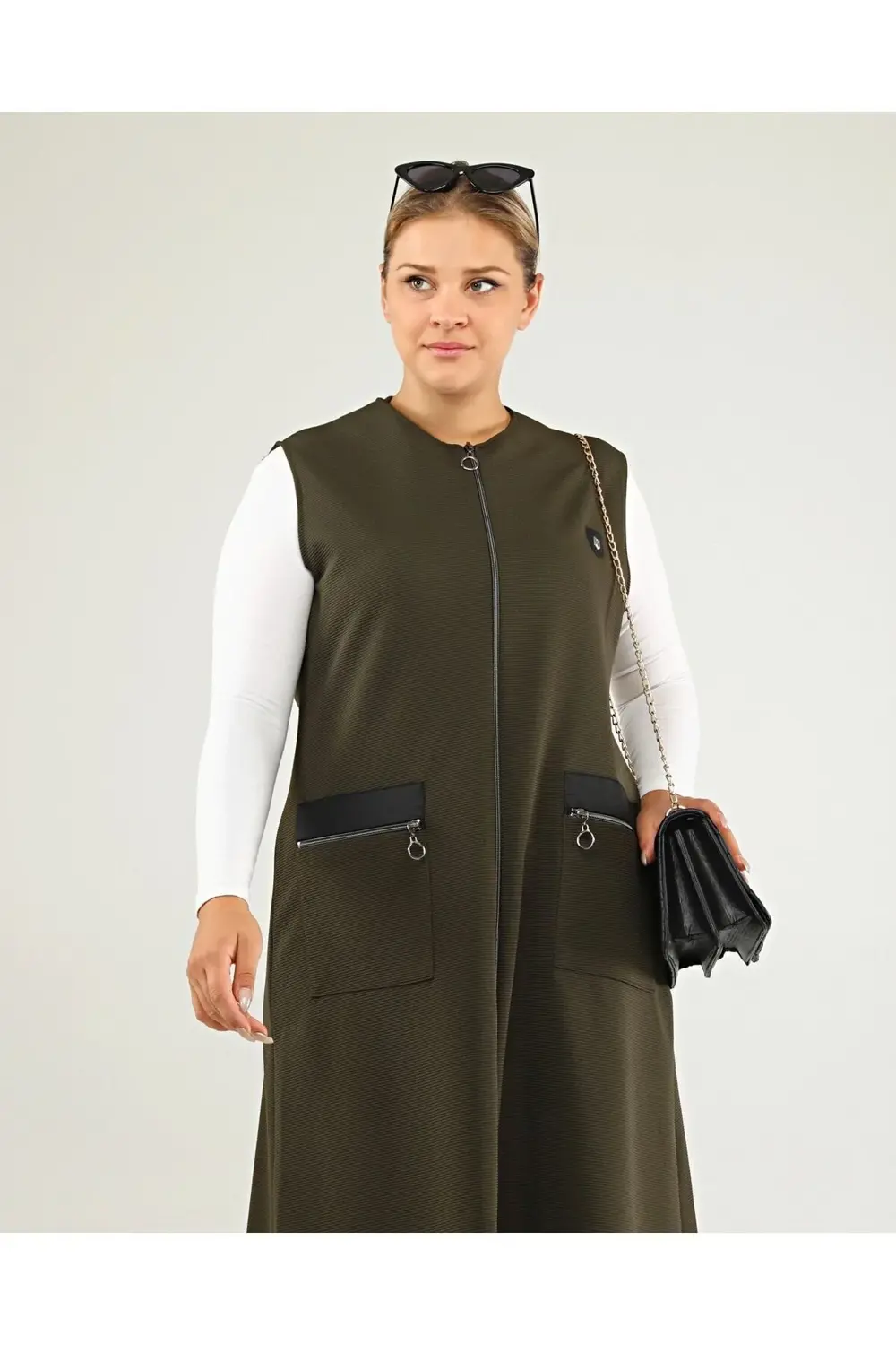 Kadin Buyuk Beden Uzun Yelek Deri Cepli Ottoman Haki